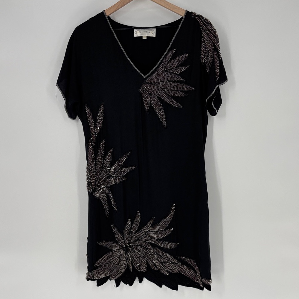 Beyond vintage silk sequin Black V-Neck dress with Leaf Detail medium